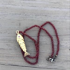 Custom Gold Fish Pendant Necklace with Red Beads